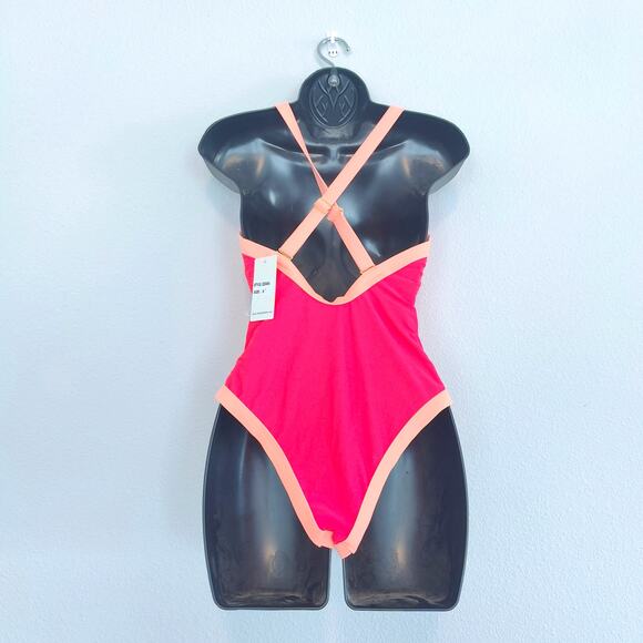 Beach Joy Neon Pink Peach Criss Cross One Piece Swimsuit Women Size Small Medium - Picture 3 of 4